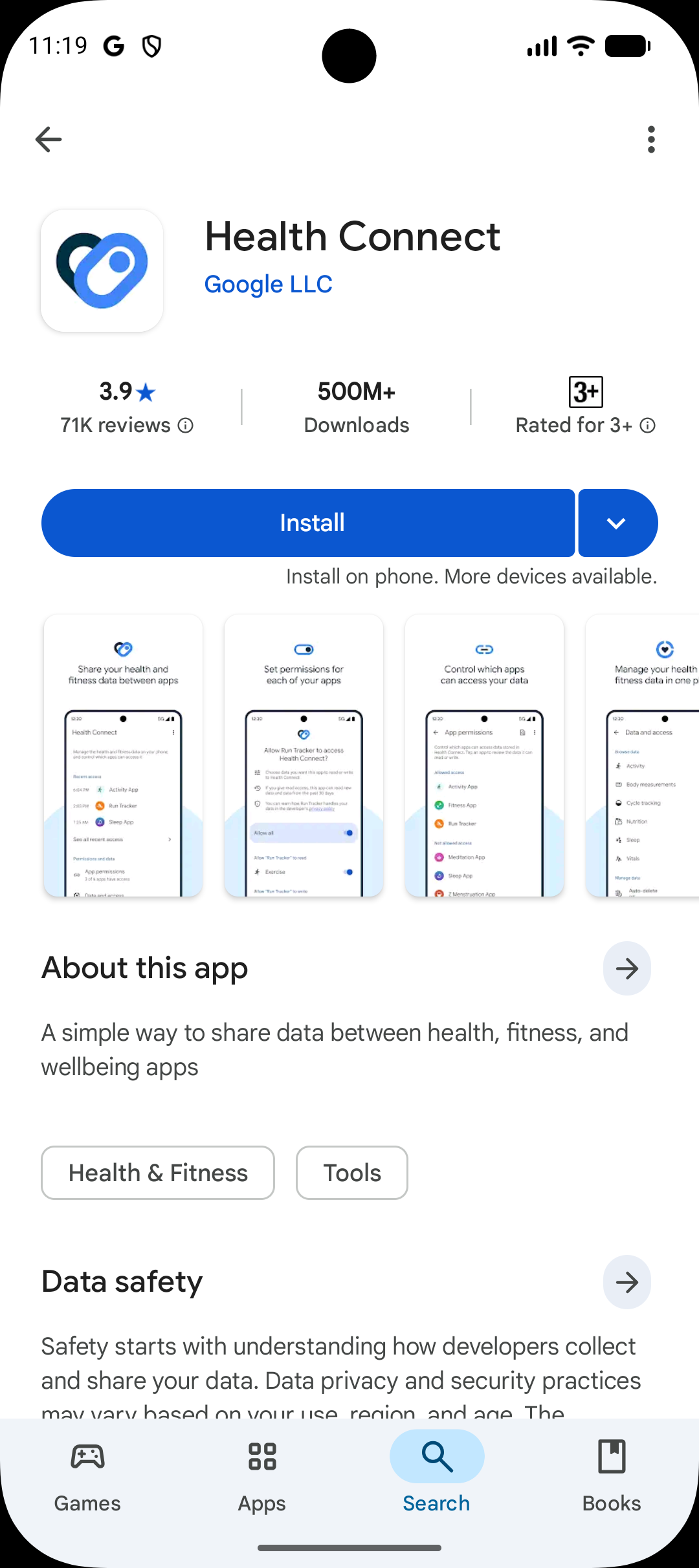 Health Connect app listing in Google Play