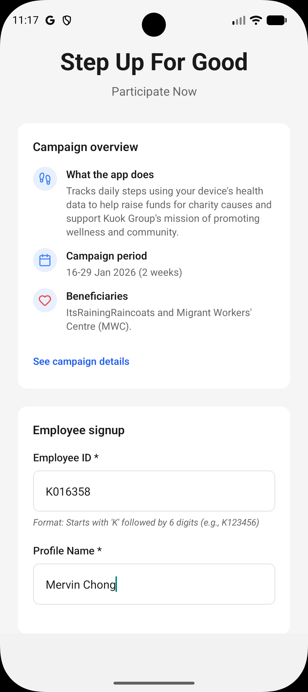 Campaign overview with employee signup form