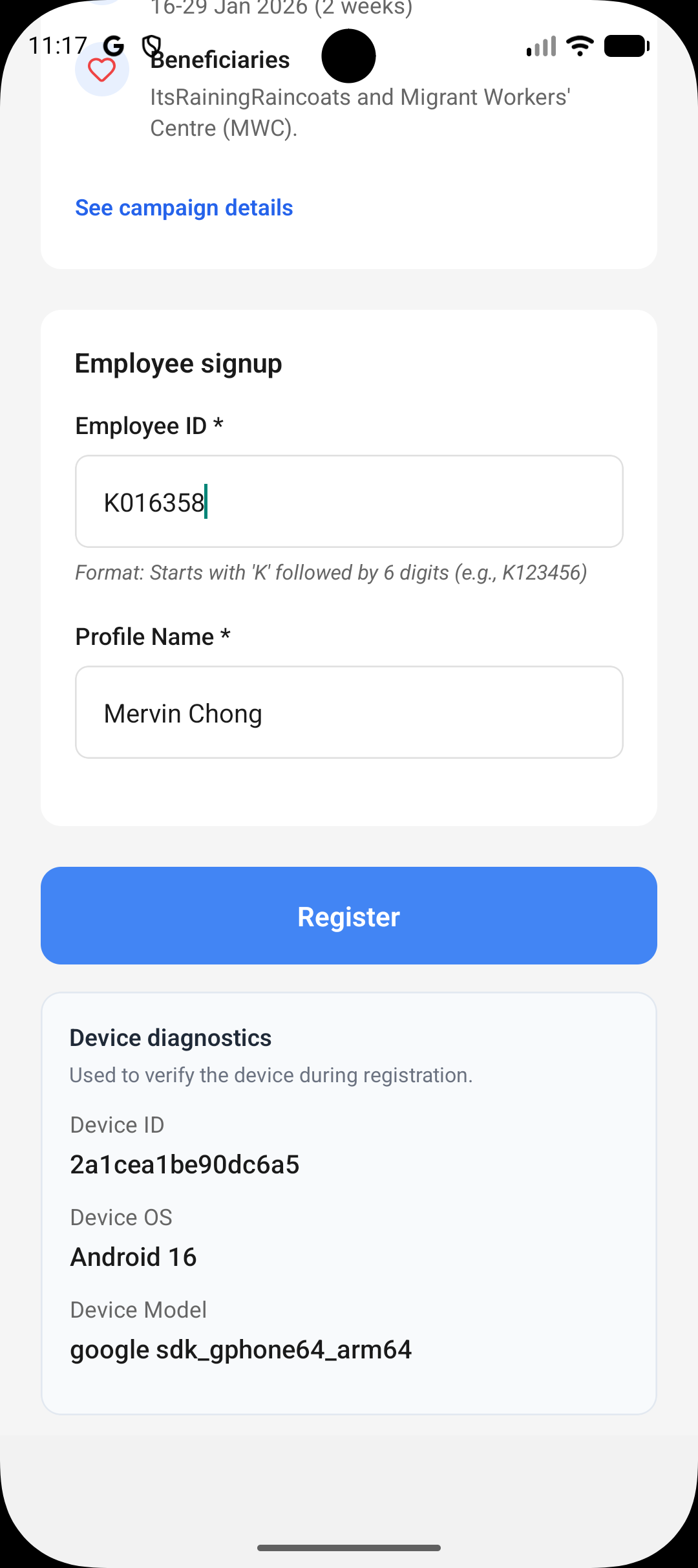 Employee signup with register button