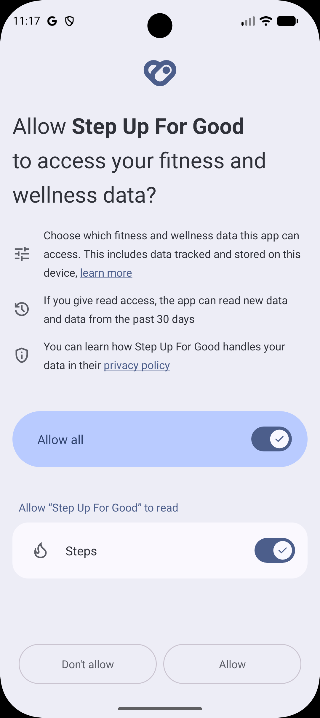 Health Connect permission screen for steps