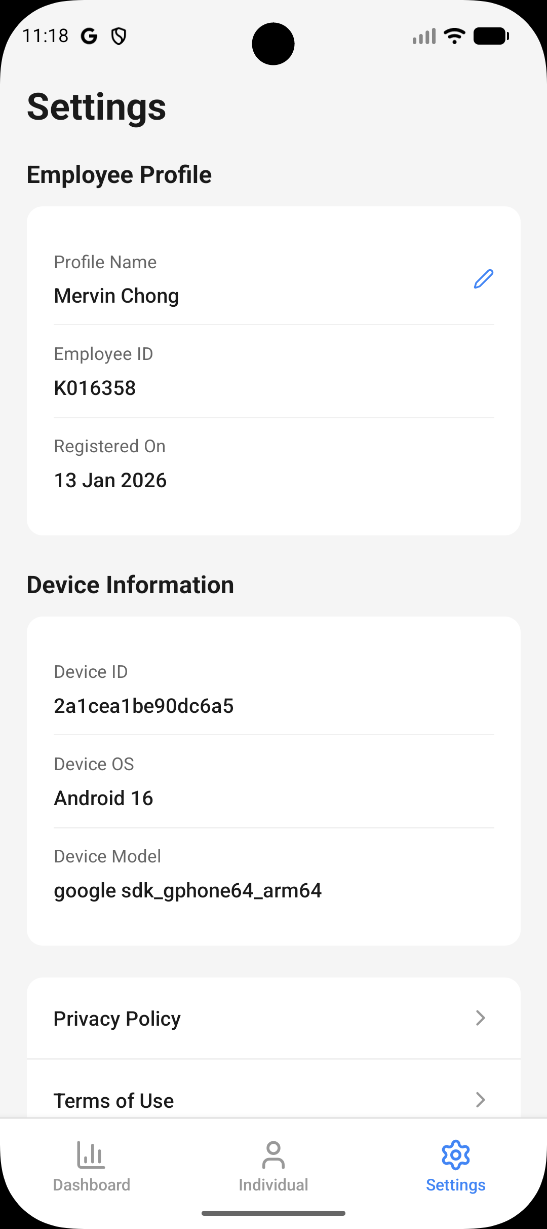 Settings screen with employee profile and device information