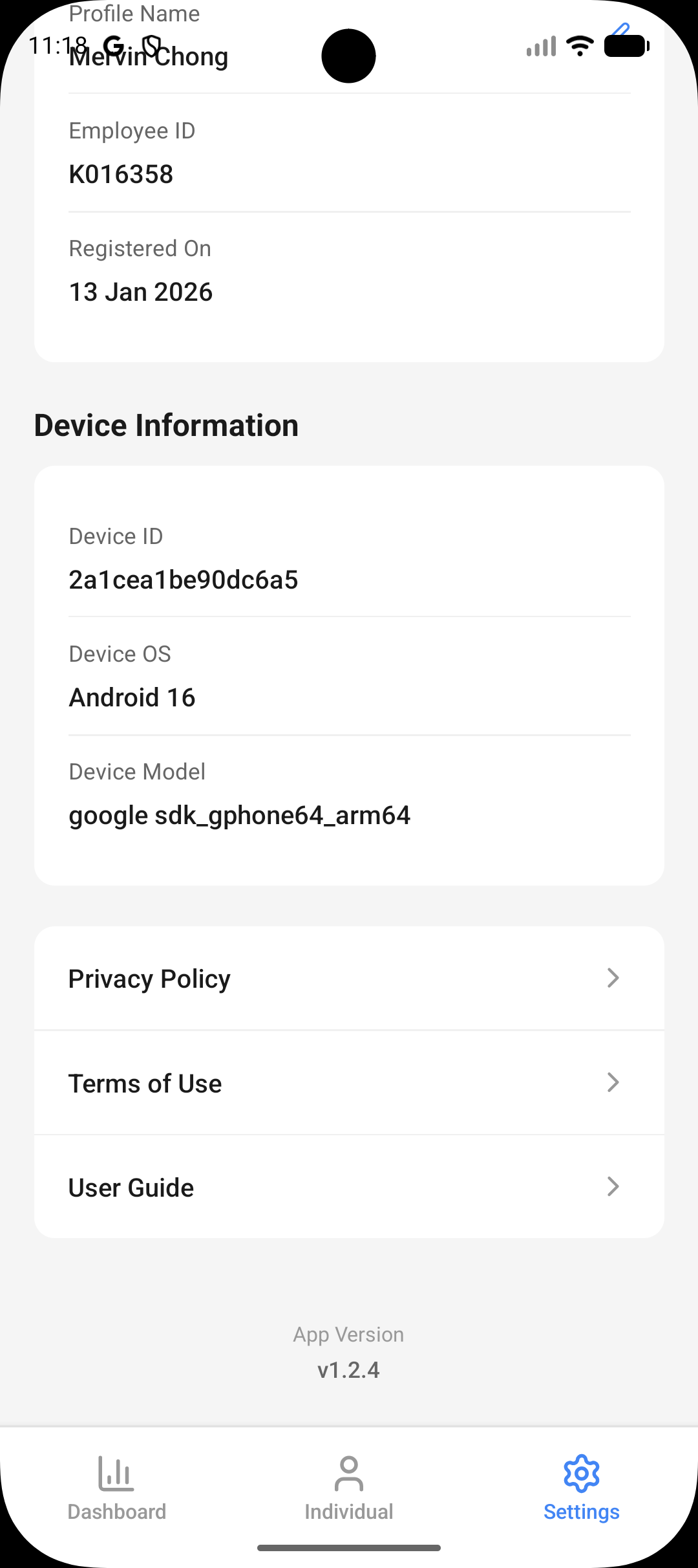 Settings screen showing User Guide option