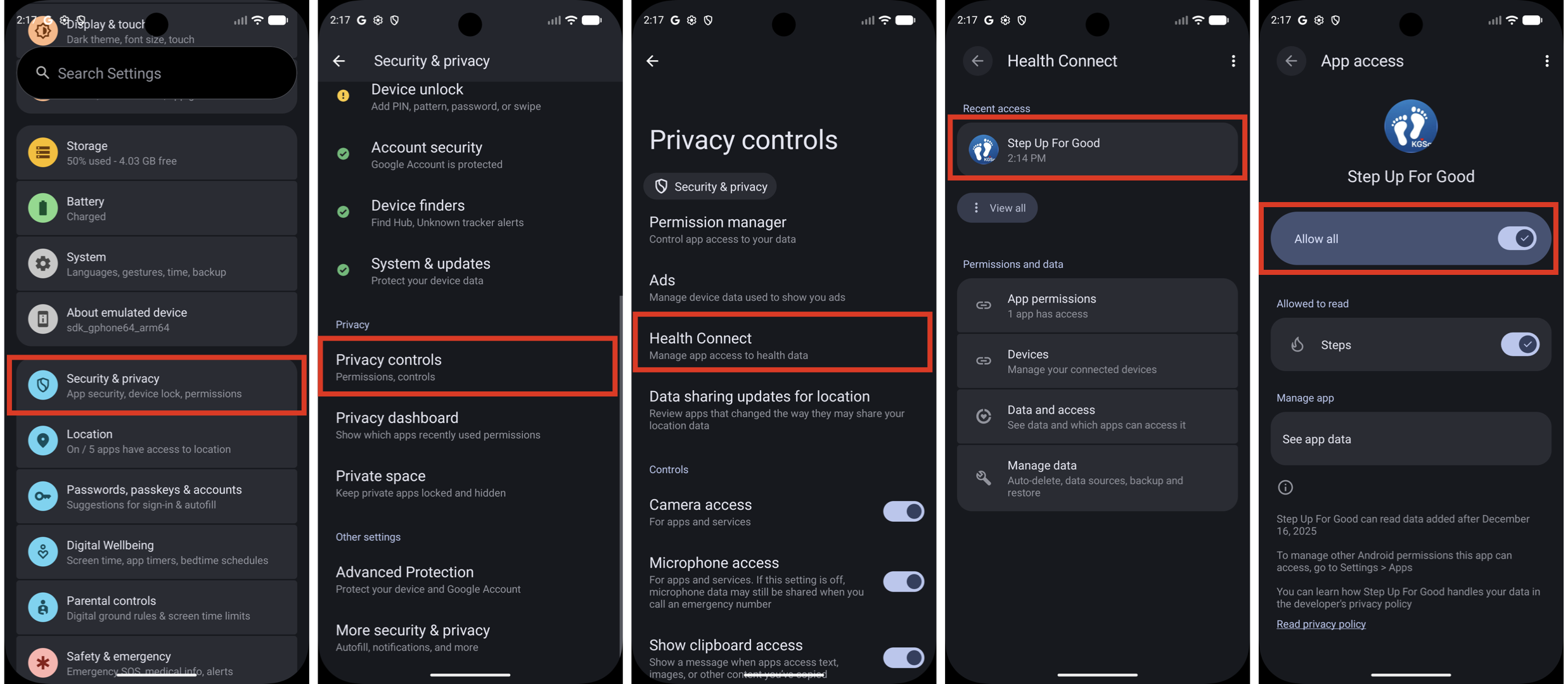 Health Connect app access screen showing Step Up For Good permissions for steps