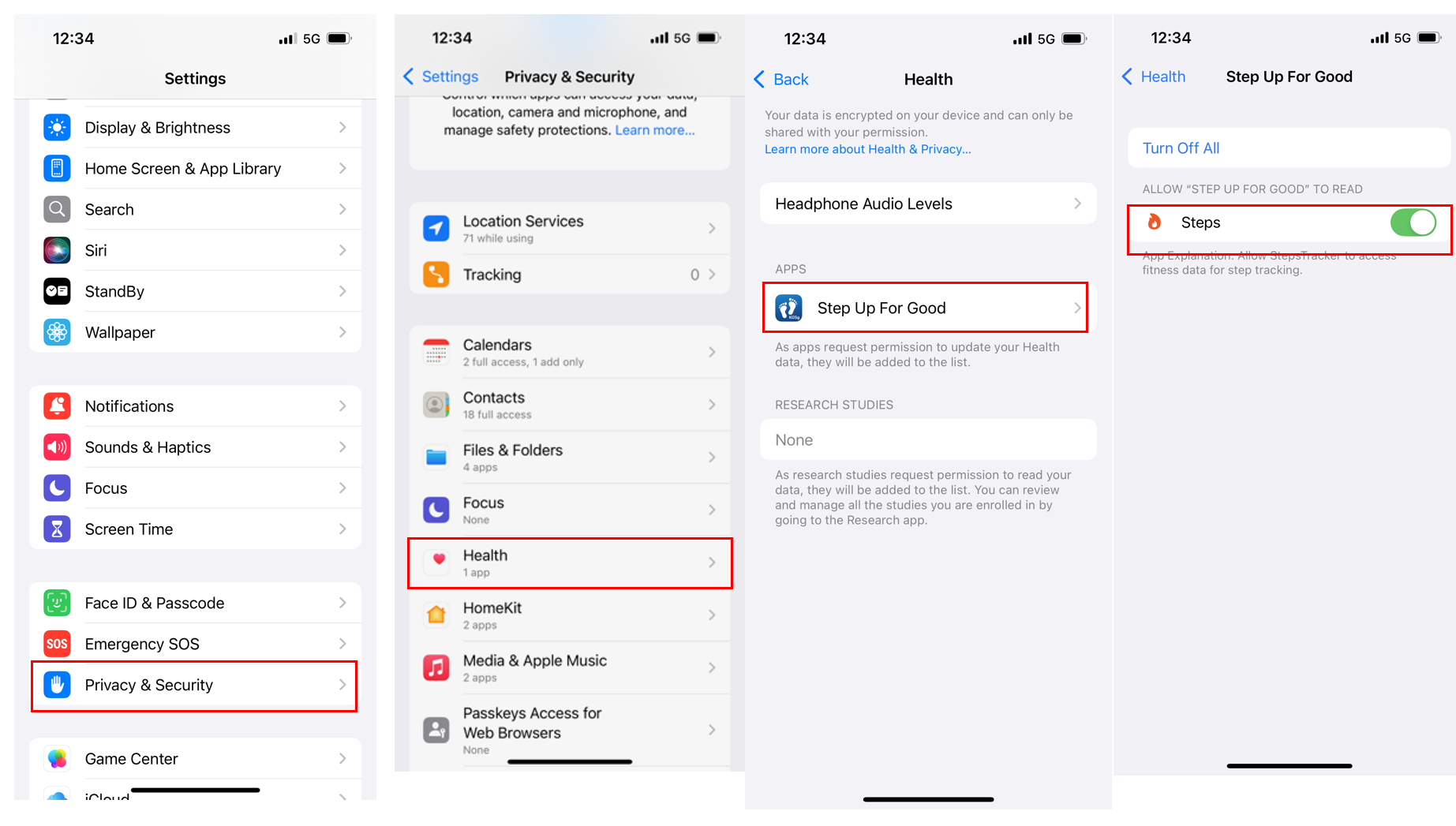 iOS Health permissions screen showing KGSg Step Up For Good access