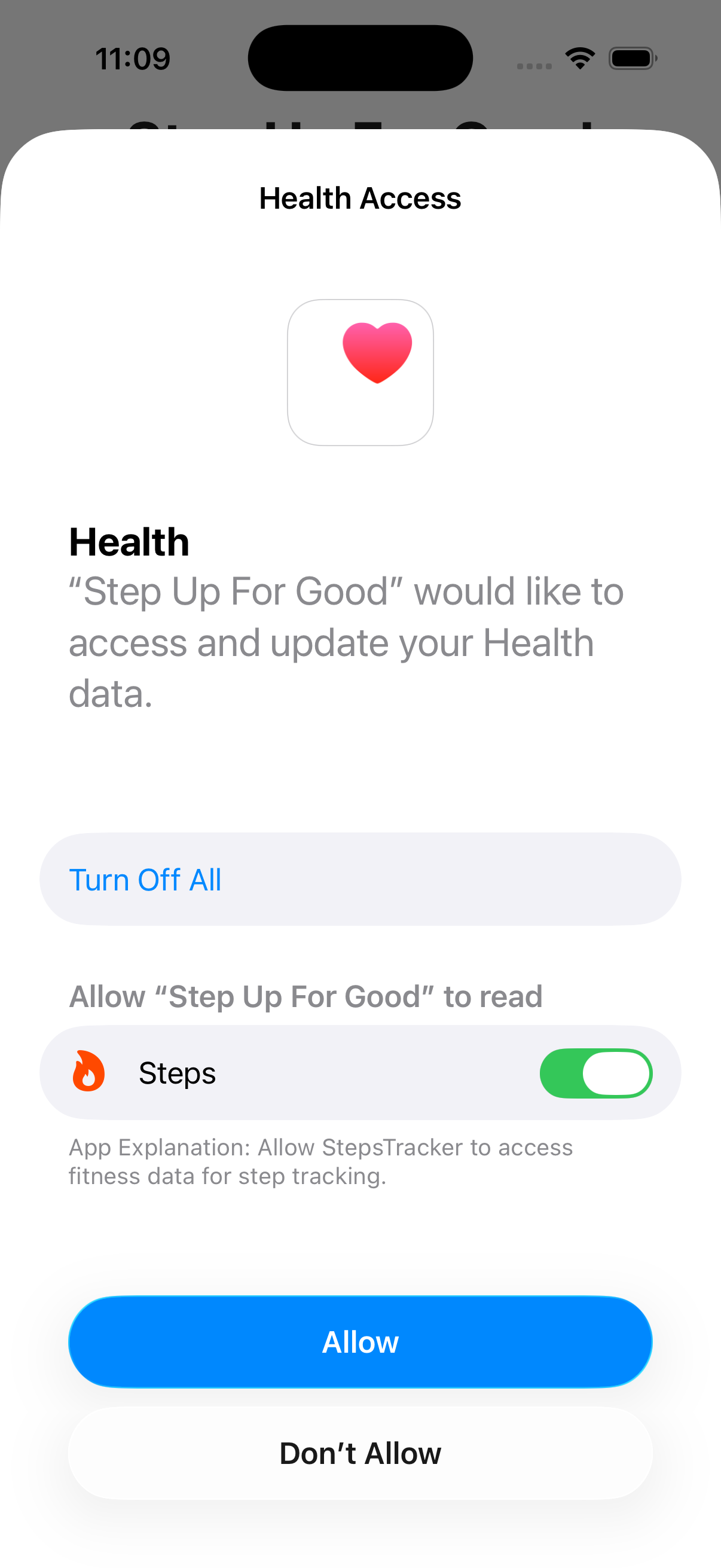 Health Access permission screen on iOS