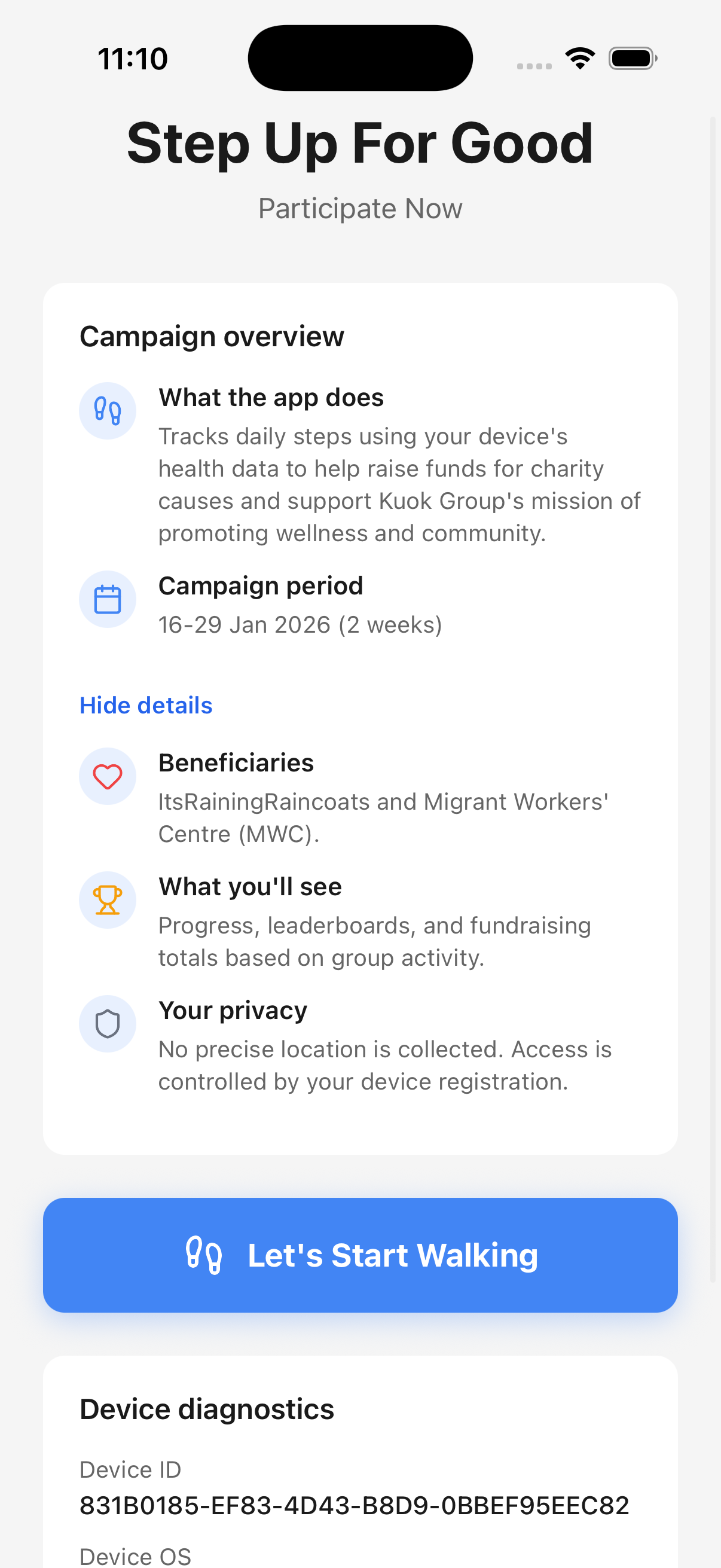 Campaign overview screen with Let's Start Walking button