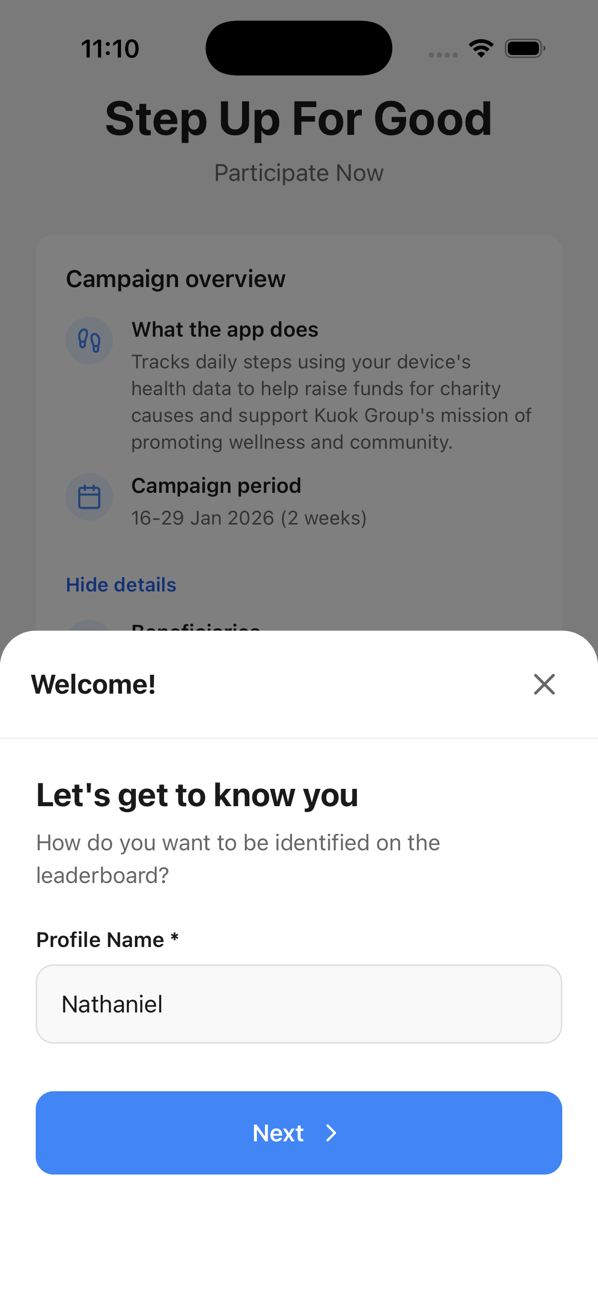 Profile name registration screen
