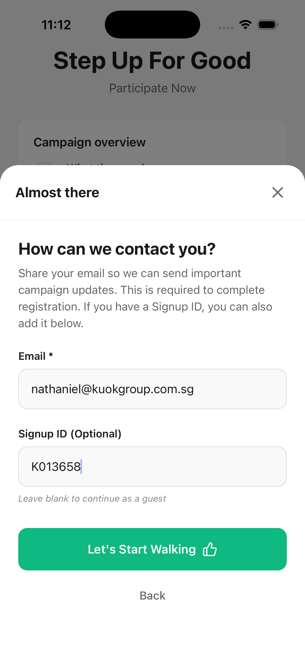 Email and Signup ID entry screen