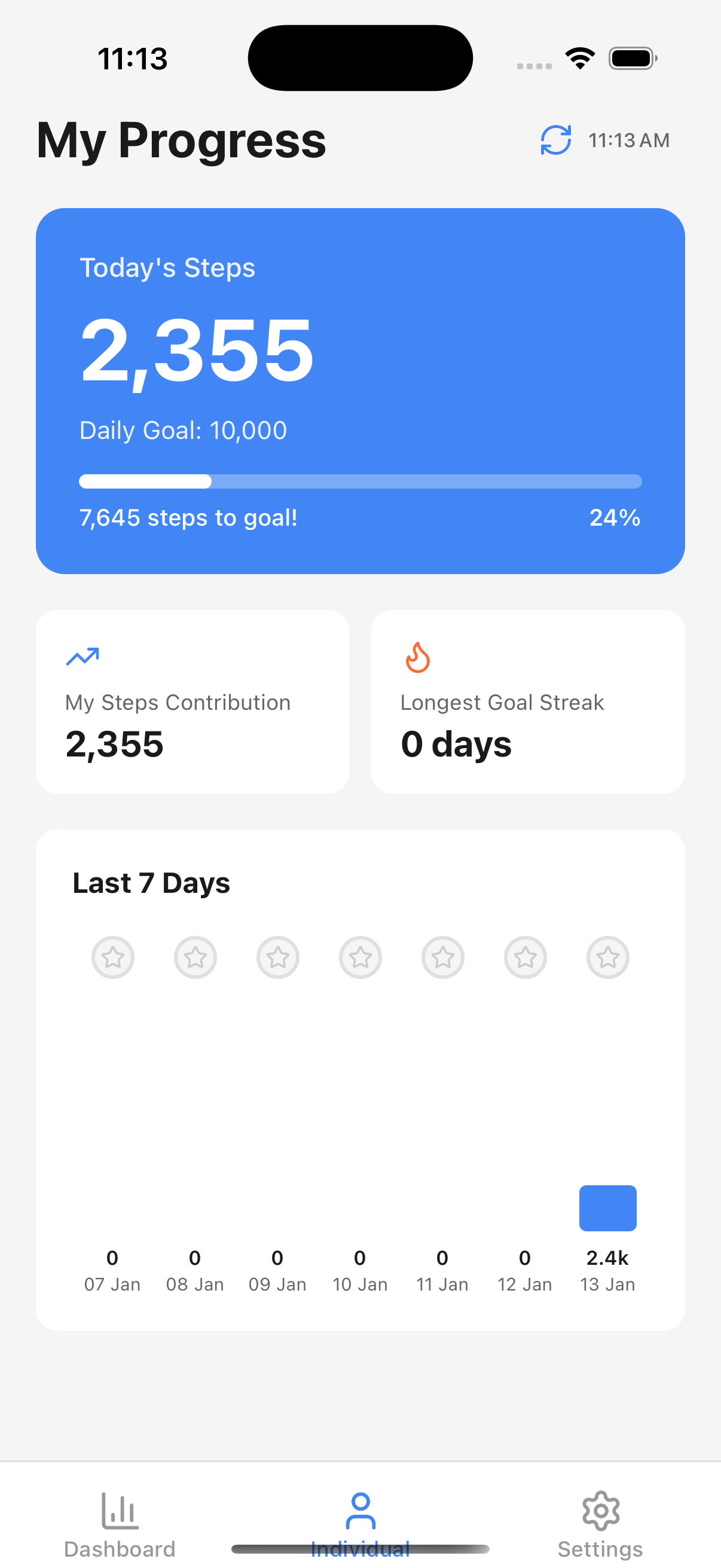 My Progress screen showing daily steps