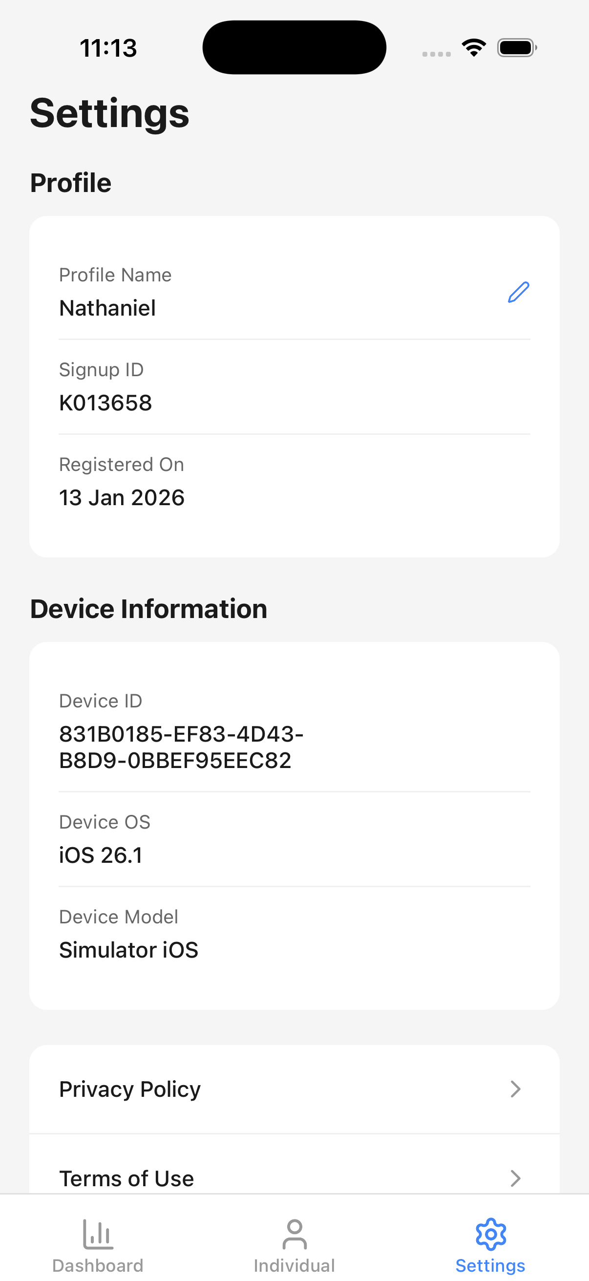 Settings screen with profile and device information
