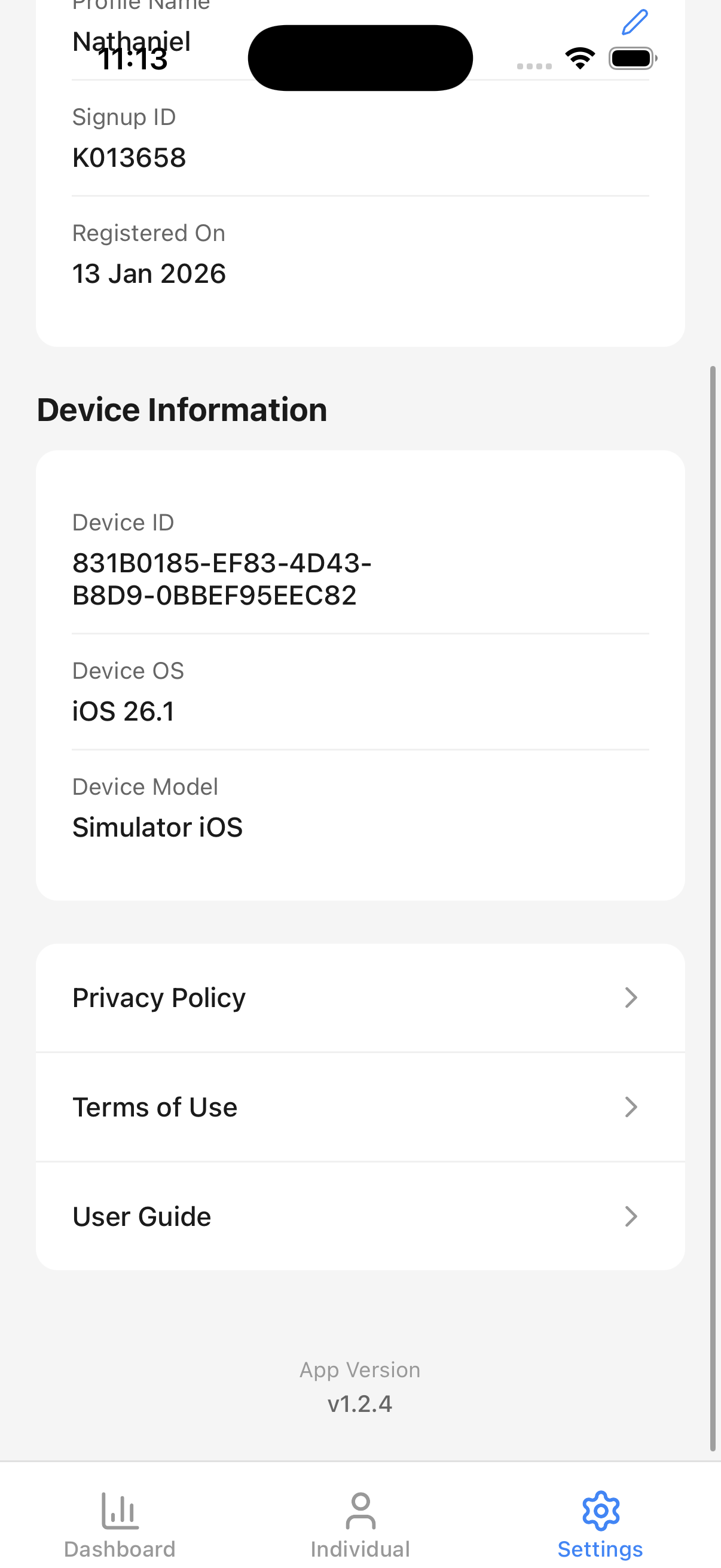 Settings screen showing the User Guide option