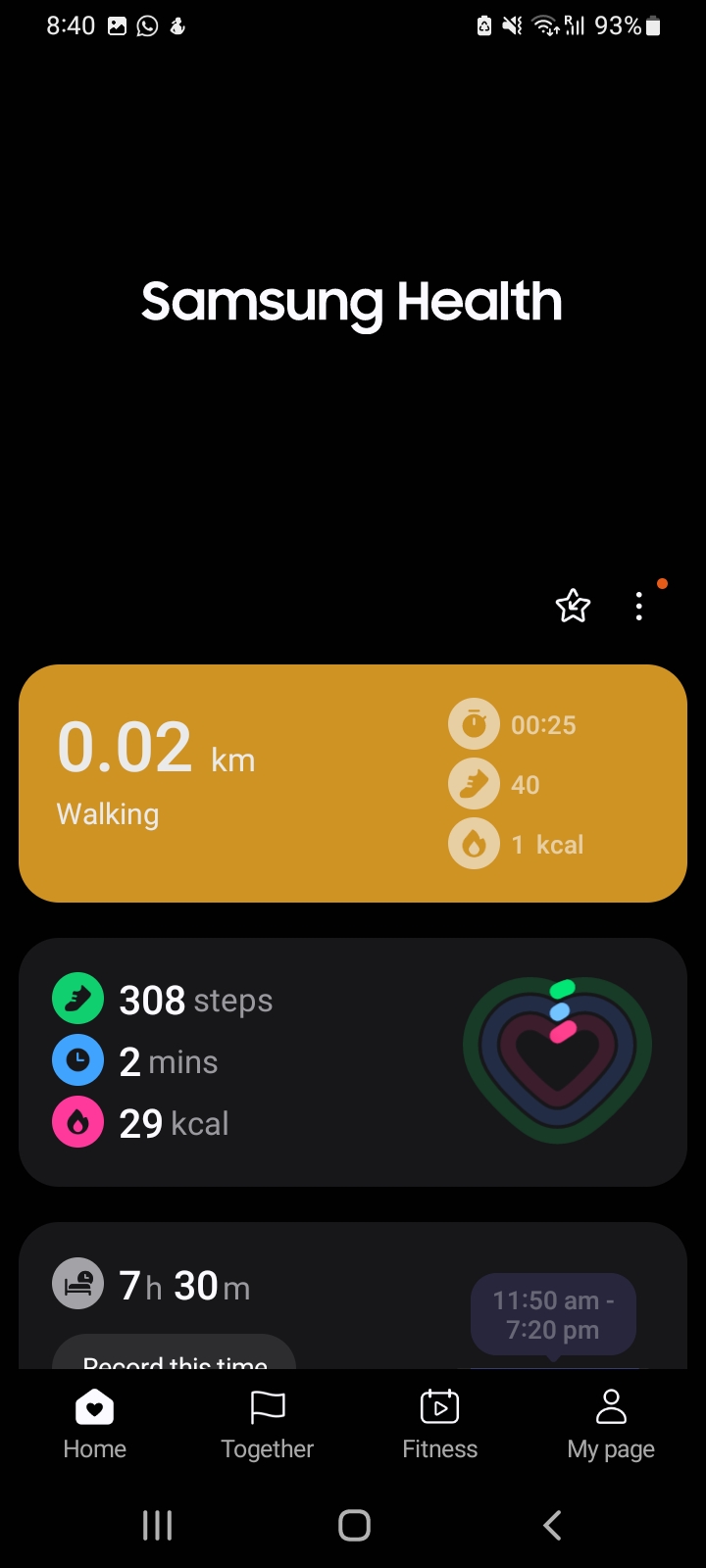 Samsung Health home screen highlighting the three-dot menu icon
