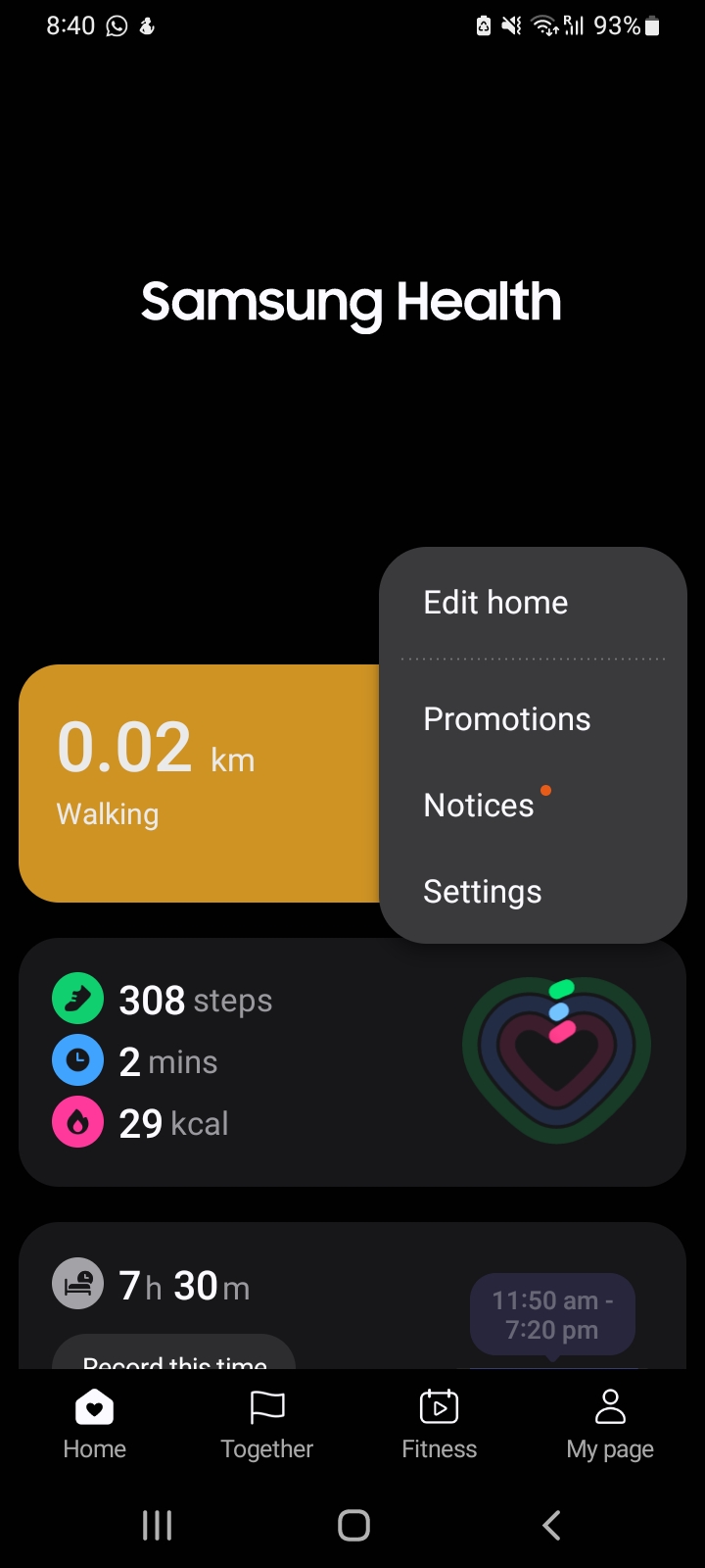 Samsung Health settings screen with Samsung account options