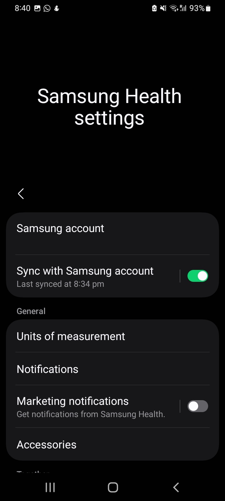 Samsung Health settings showing the sync with Samsung account toggle