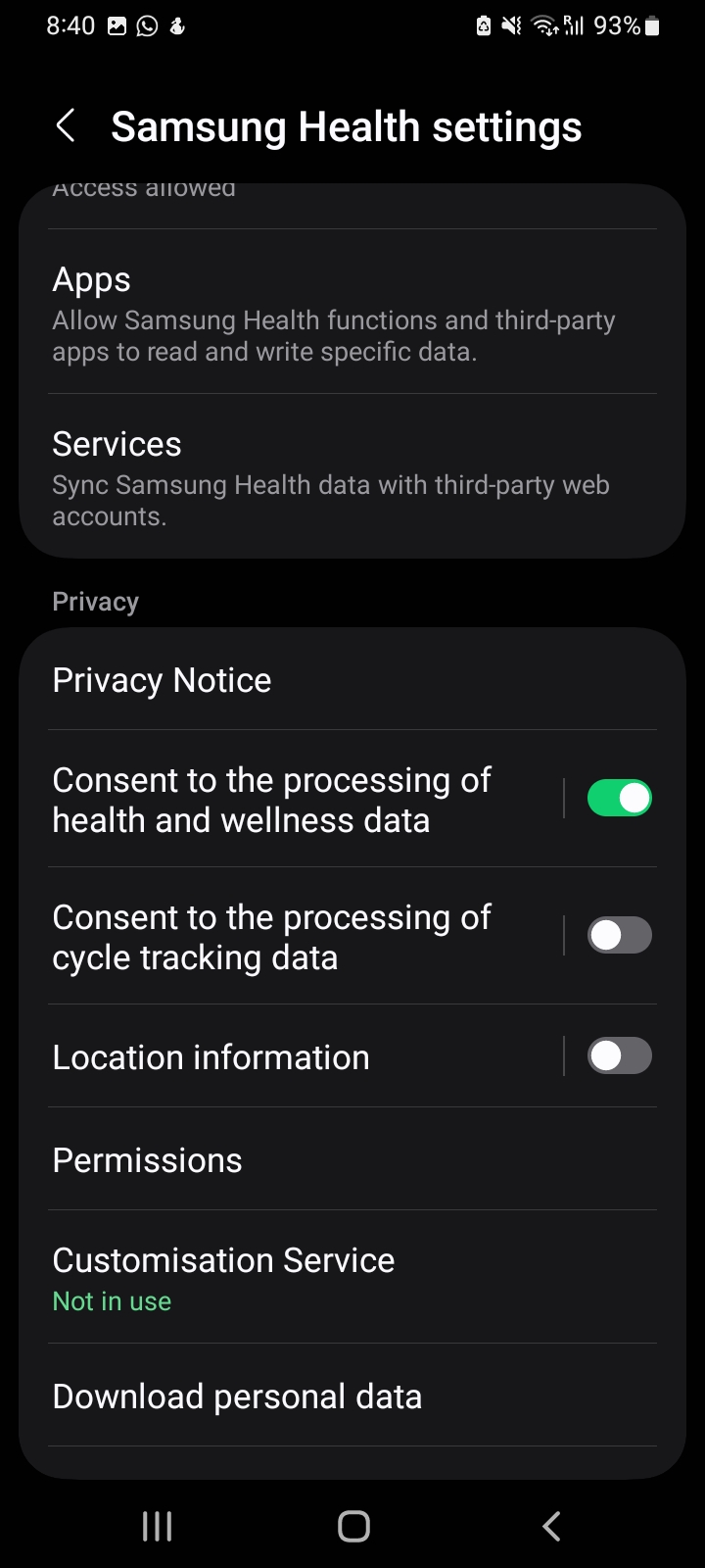 Privacy Notice section showing consent to processing health and wellness data